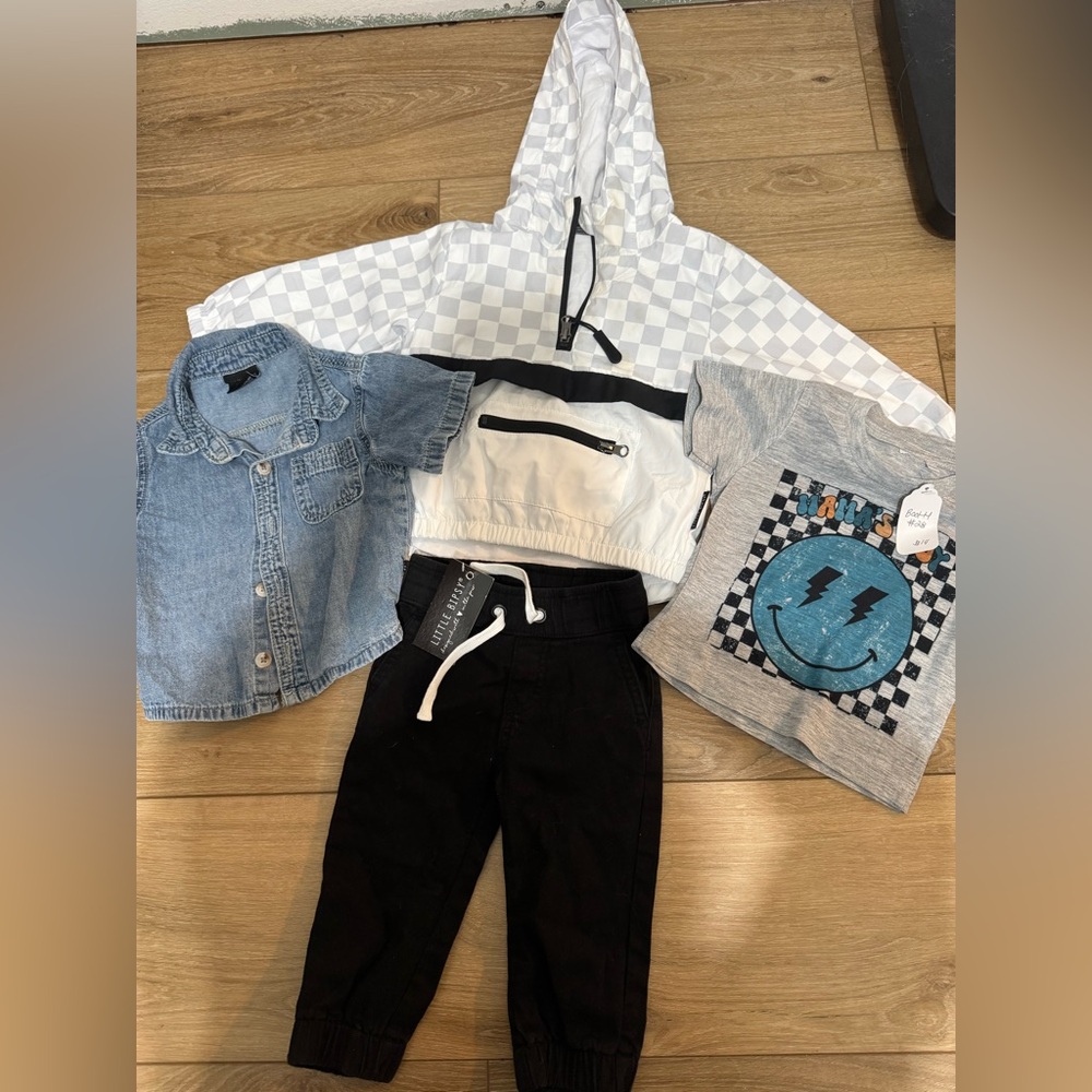 6/12 bundle little bipsy windbreaker, jeans, blue jean shirt, mamas boy shirt